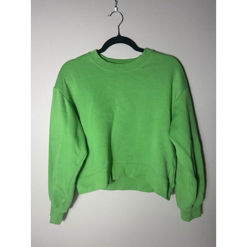 Zara Womens Sweatshirt Small Green Fleece Cropped Pullover Crew Neck Long Sleeve